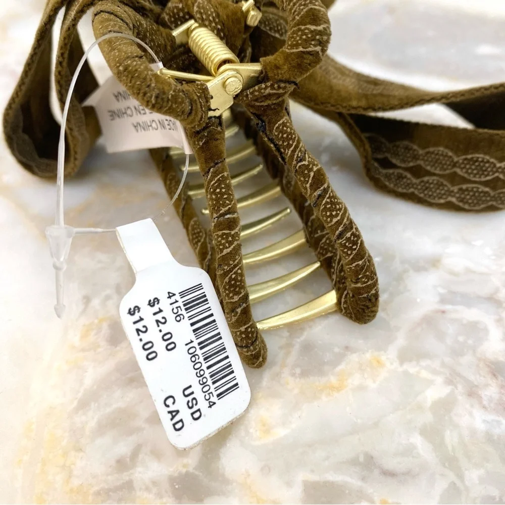 Anthropologie Set of 3 Ribbon Gold Claw Hair Clips Olive + Gray + Burgundy NWT